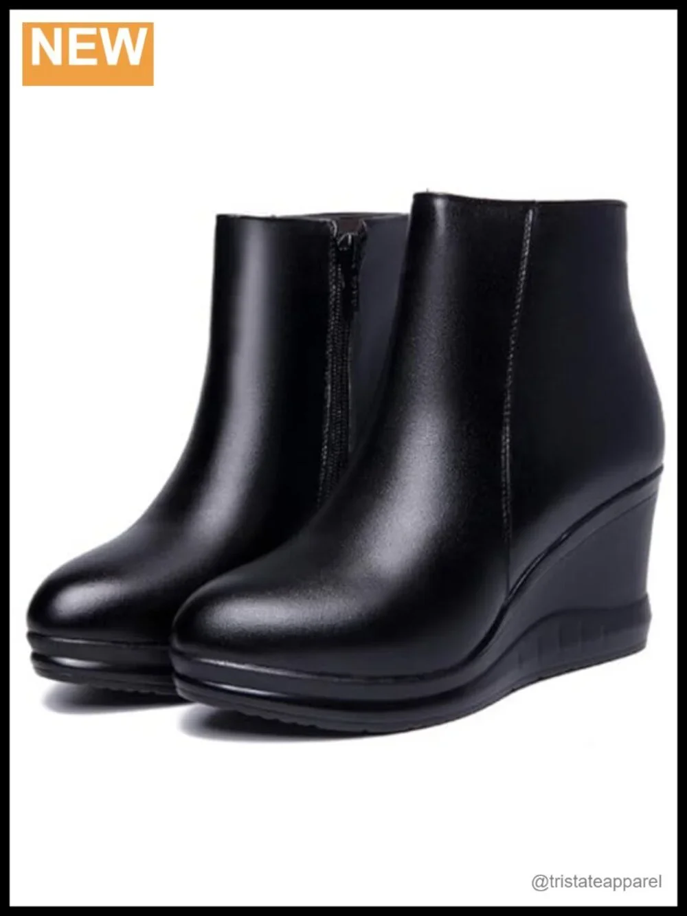 Women's Faux Leather Wedge Ankle Boots with Side Zipper, Fur Lined Winter